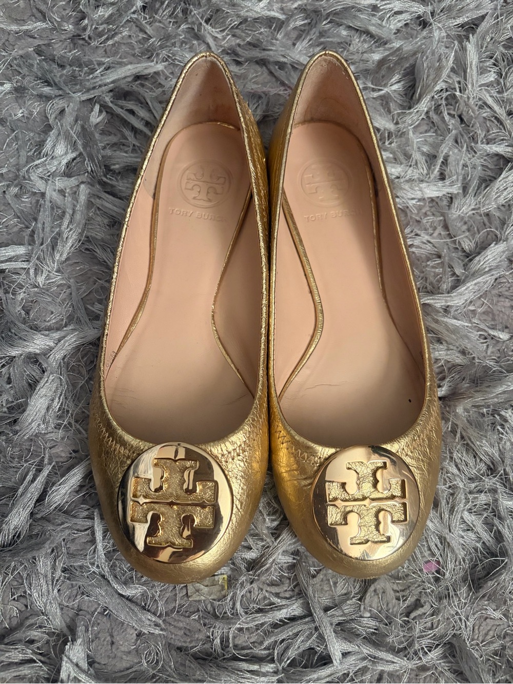 Tory Burch Metallic Gold Leather Logo Ballet Flats